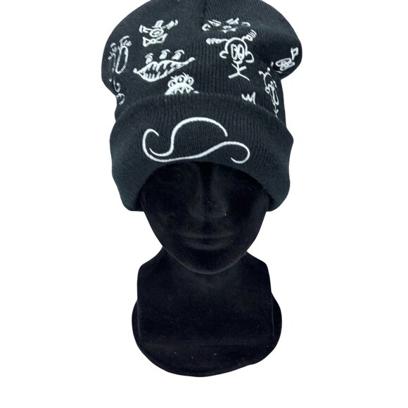 Sarah Sokol Millinery Black Beanie With White Cartoon Faces Design OS Adult Unis main image 5